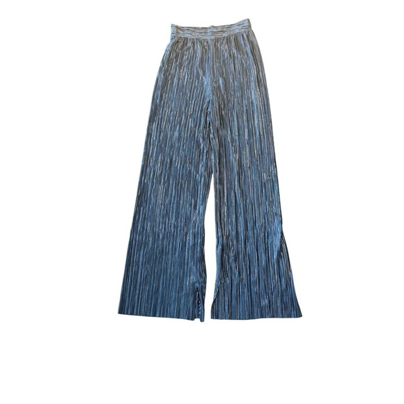 Sabina Musayev Metallic Blue Plisse Pants XS Split Hem Cocktail Wide Leg $230 - Picture 1 of 8